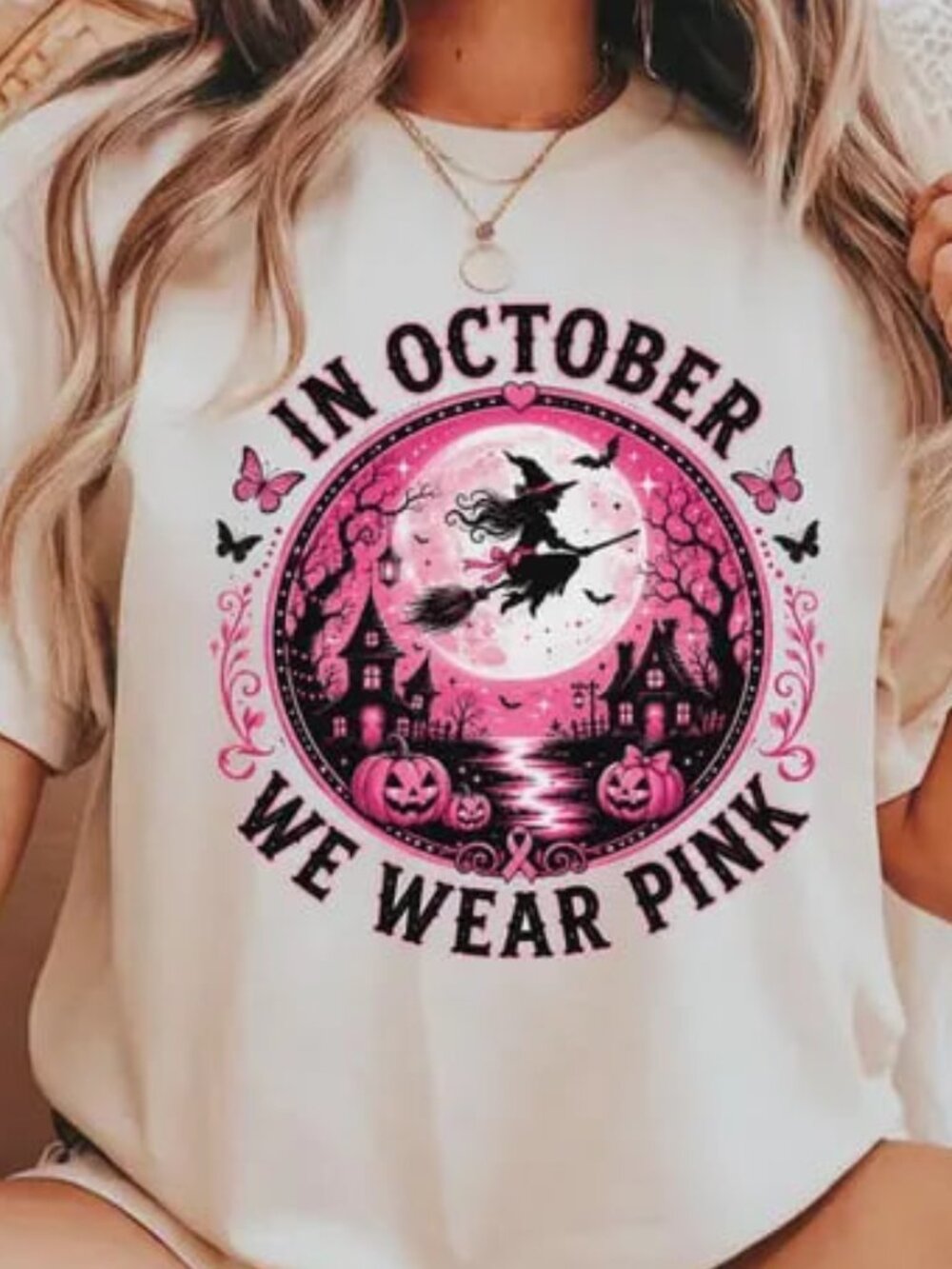 In October We Wear Pink Shirt, Breast Cancer Awareness Halloween Witch Tee